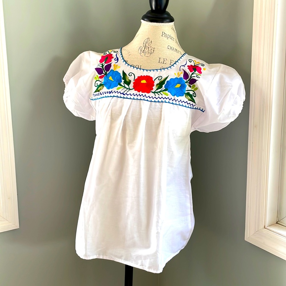 Pink and White Embroidered Blouse with Puffed Sleeves